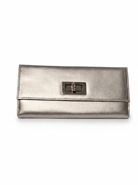 Talbots Metallic Silver Leather Clutch Wallet Evening Bag Turnlock